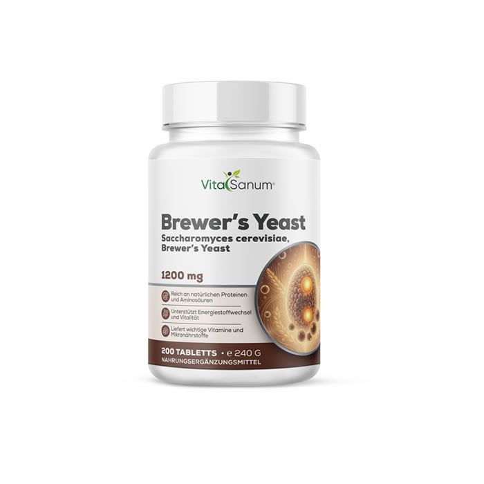 Witte fles "VitaSanum Brewer's Yeast". 200 tabletten, 1200 mg. Afbeelding van een cel.