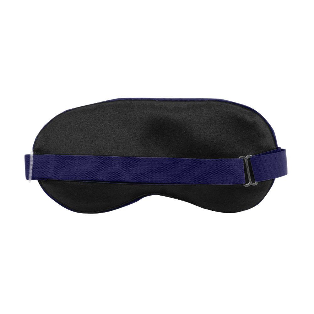 Slaapmasker, zwarte achterkant. Blauwe, elastische band met verstelbare sluiting.