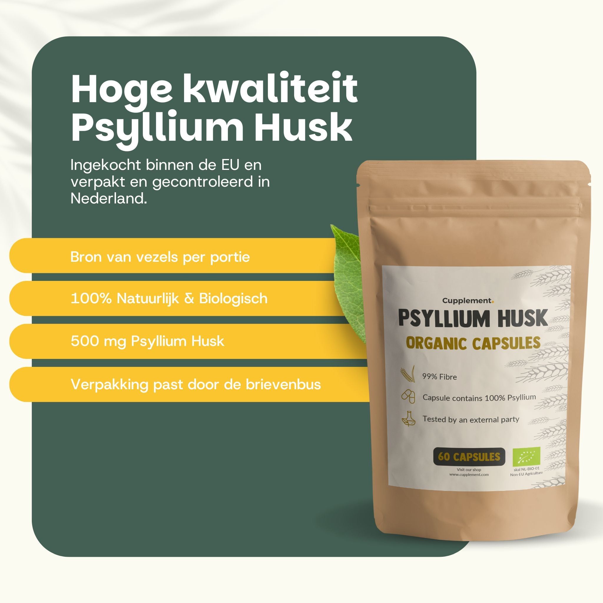 Zakje Psyllium Husk capsules. Tekst: Organic Capsules, 60 capsules, 99% vezels.