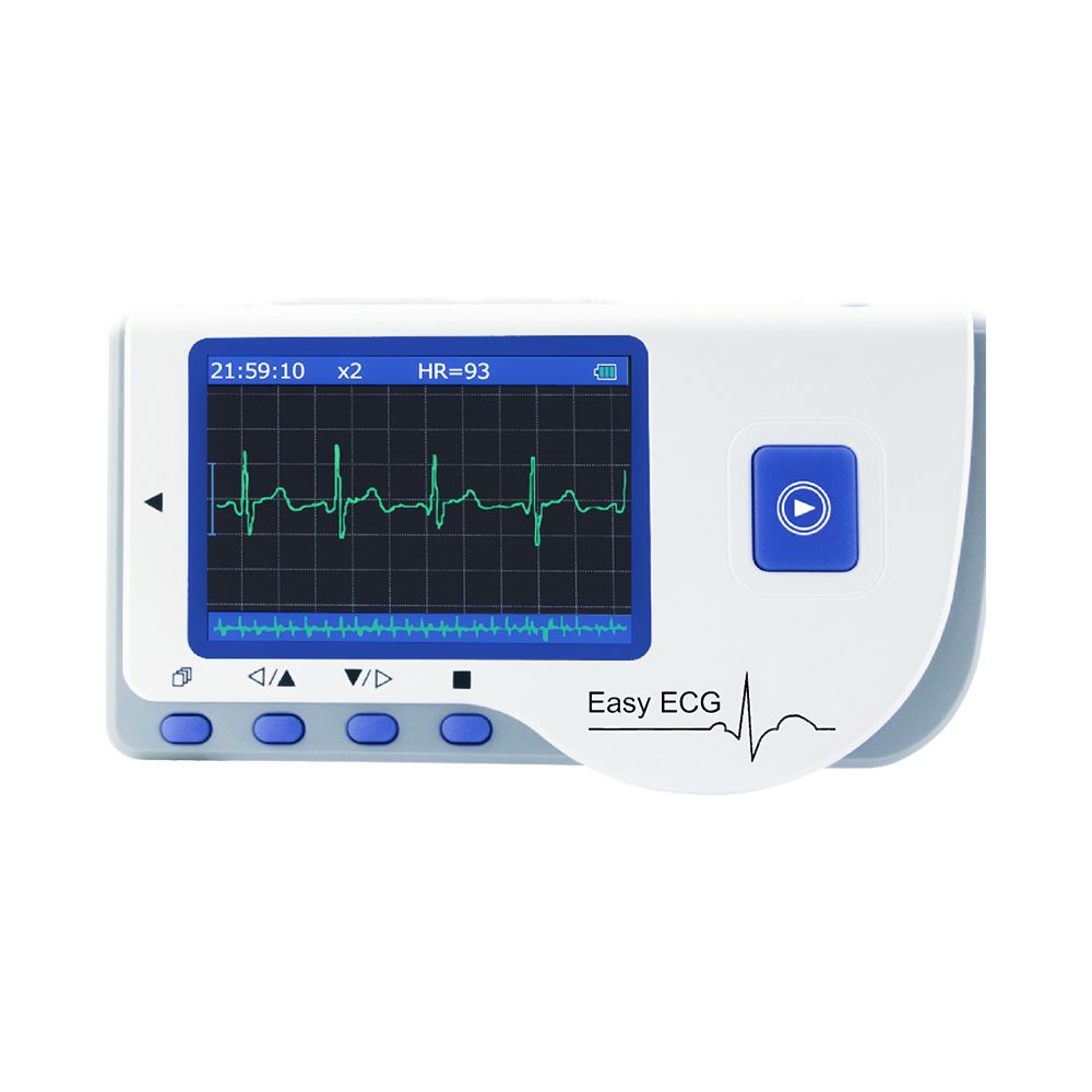 Appareil ECG portable. Écran affichant courbe ECG, heure et fréquence cardiaque. Boutons bleus et texte "Easy ECG".