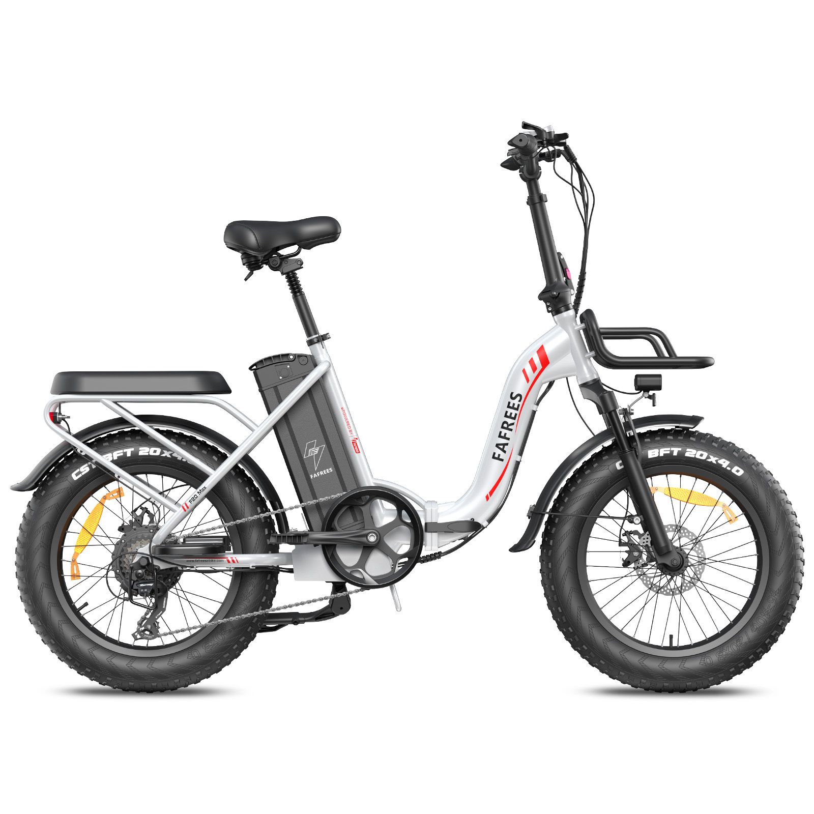 Vélo électrique pliable blanc, selle et pneus noirs. Logo FAFREES visible. Porte-bagages.