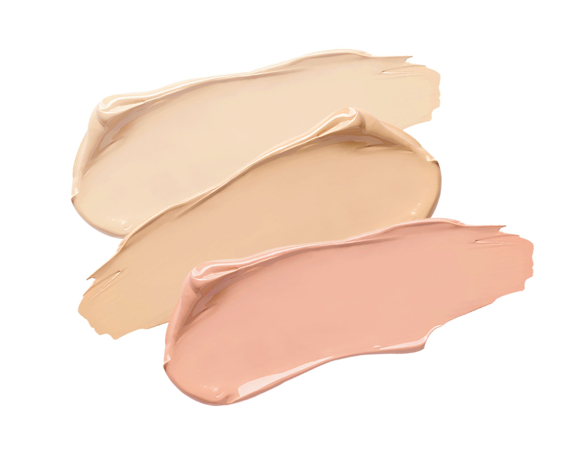 Drie tinten concealer crème op witte achtergrond. Lichte, medium en donkere tinten in vegen.