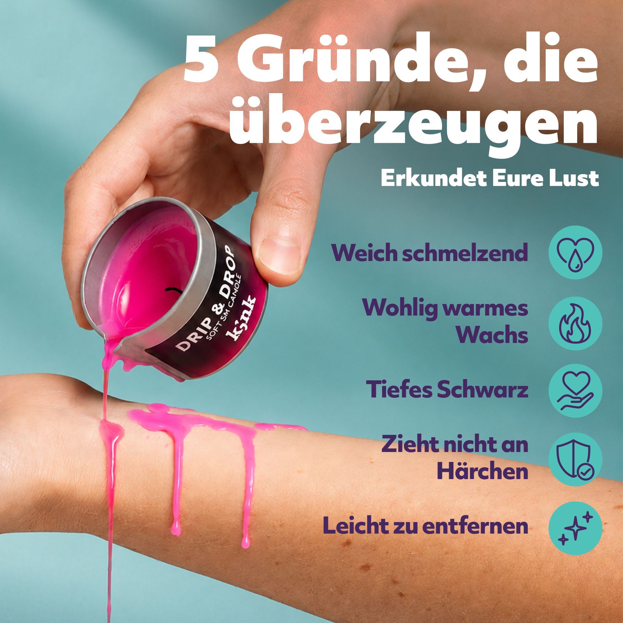 Roze massagekaars die vloeibare was op een arm druppelt.
