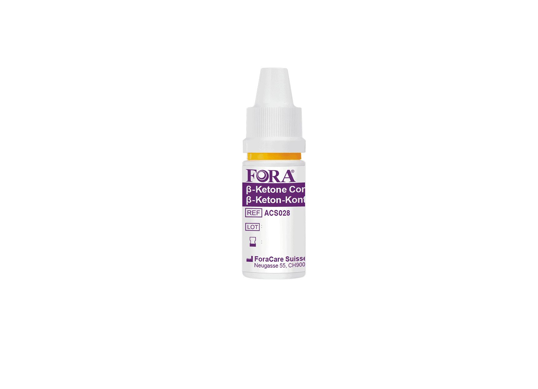 FORA Solution de contrôle β-Cétone : Petit flacon compte-gouttes blanc avec étiquette jaune et violette.