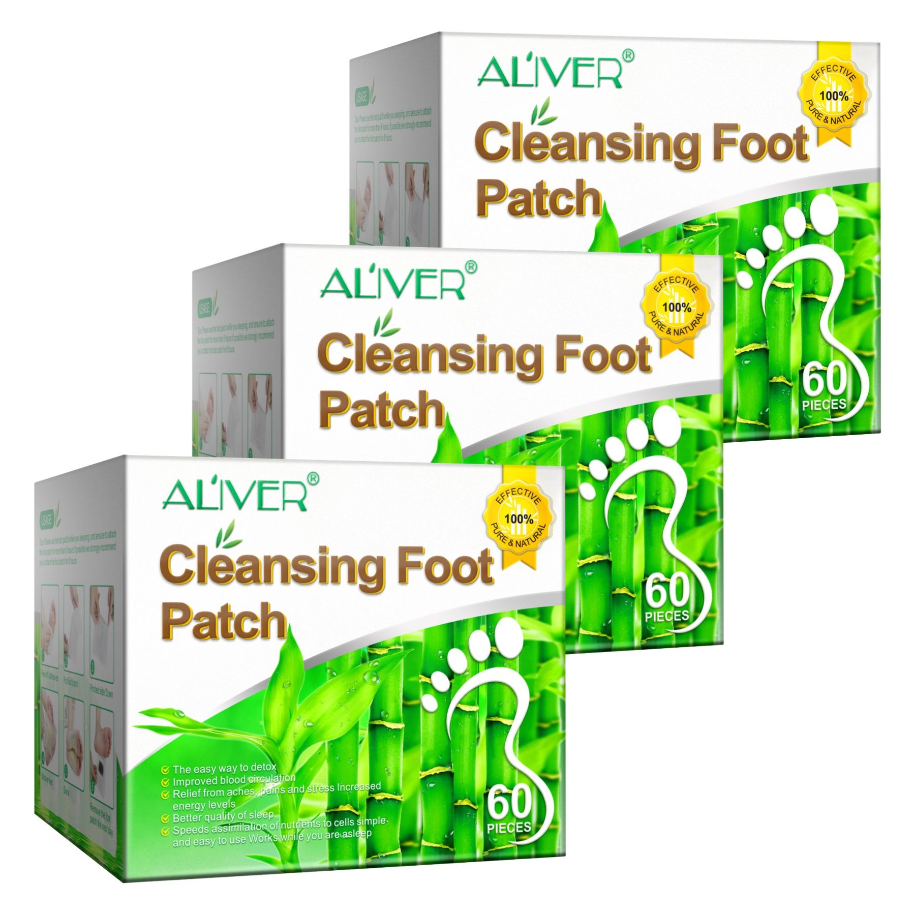 Drie dozen ALIVER Cleansing Foot Patch. Opdruk: 60 stuks, bamboe- en voetafdruk-afbeelding. Groen-wit ontwerp.