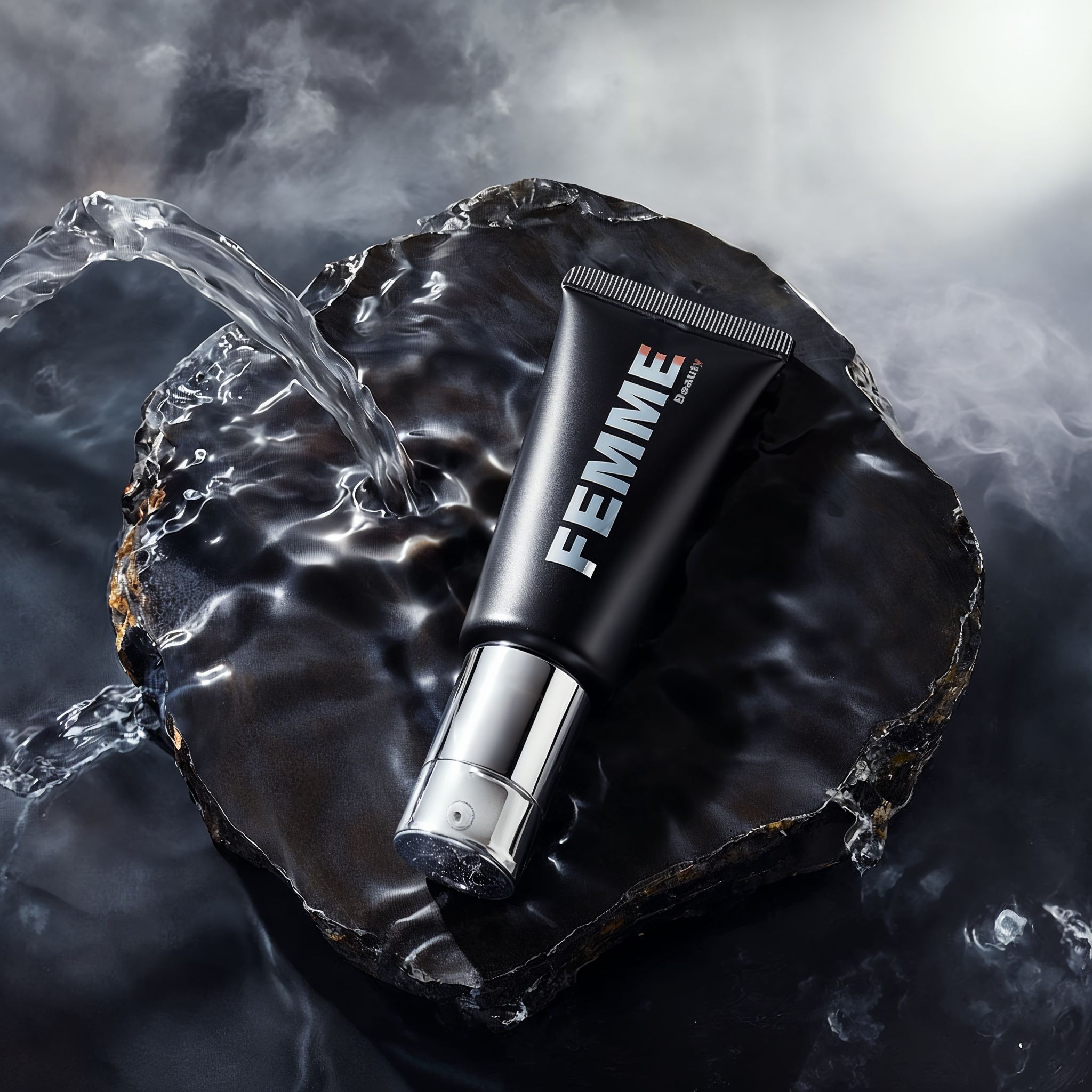 Tube FEMME Intense Hide Concealer sur pierre sombre sous un jet d'eau.