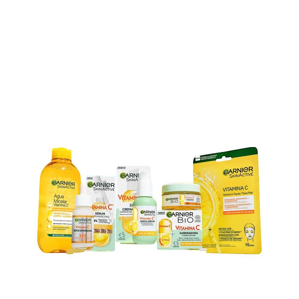 Verschillende Garnier Skinactive producten: fles, serum, crème, masker en meer. Allemaal met vitamine C.
