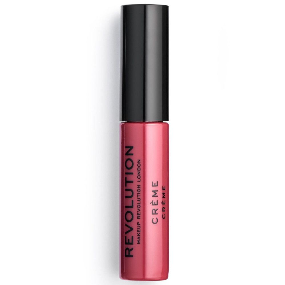 Tube de rouge à lèvres avec bouchon noir. "REVOLUTION" et "CRÈME" sont écrits sur le tube.