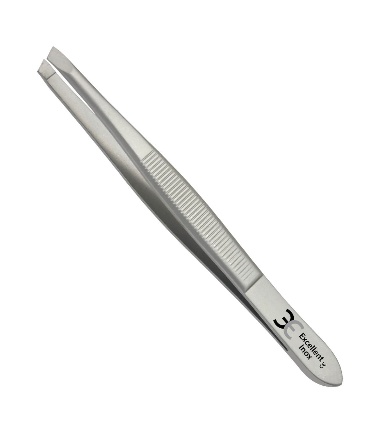 Pince à épiler en acier inoxydable. Surface de préhension striée. Extrémités pointues. Inscription: Excellent Inox, marquage CE.