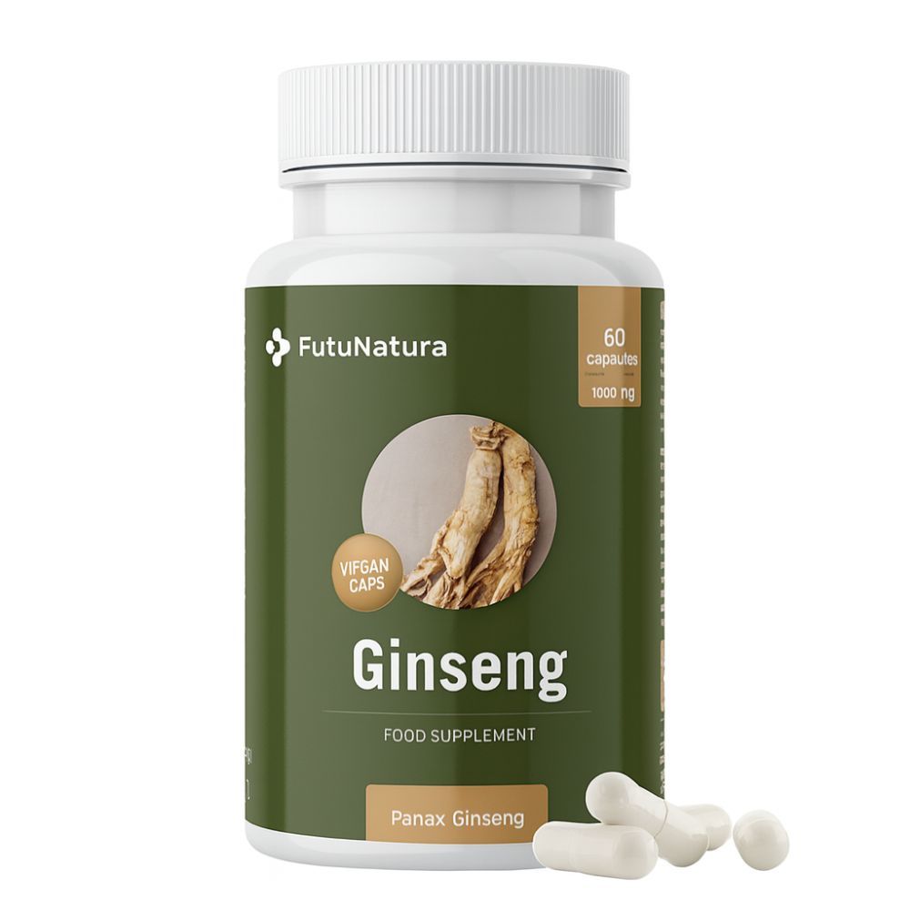 Flacon de FutuNatura Ginseng, 60 gélules. Inscriptions: Vegan Caps, Ginseng, 1000 mg. Gélules blanches à côté.