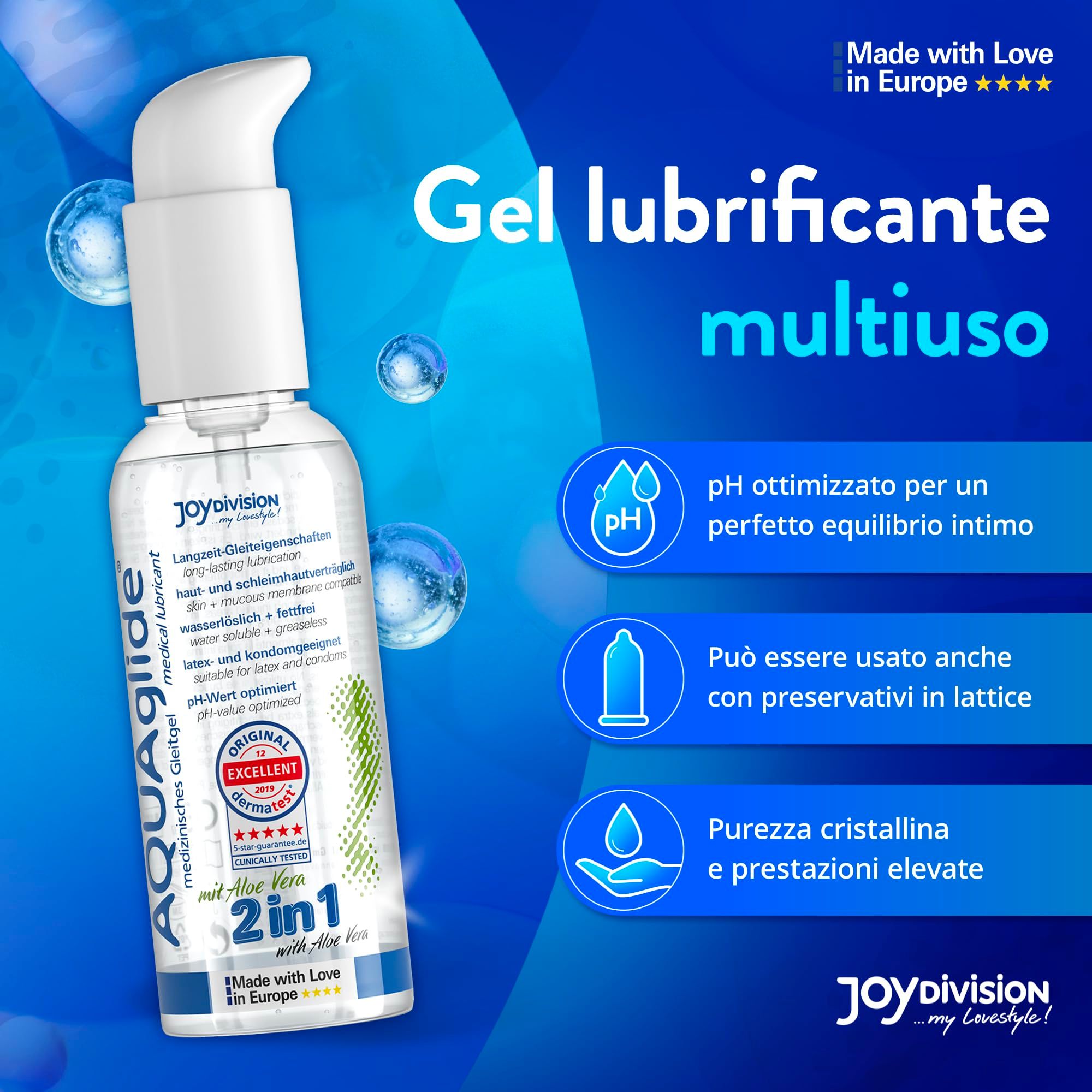 Gel multifonction AQUAGLIDE, flacon pompe, pH optimisé, compatible préservatifs.