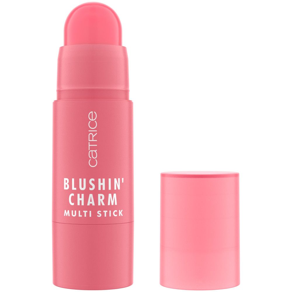 Catrice Blushin' Charm Multi Stick. Produit rose en forme de bâton avec bouchon. Inscription : Catrice, Blushin' Charm, Multi Stick.