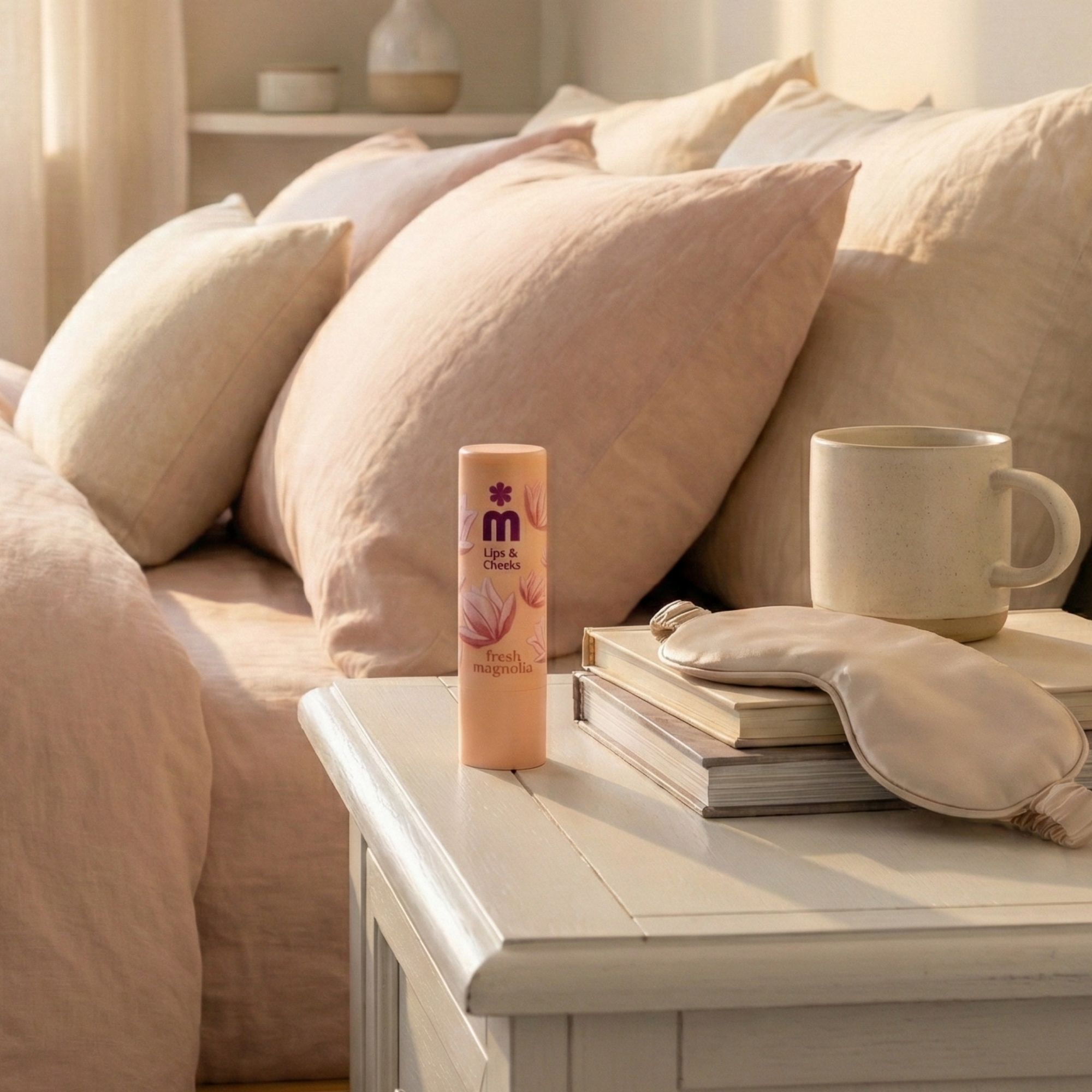Lip- en wangenbalsem op nachtkastje. Beige verpakking met logo en magnoliamotief. Naast kussens, beker en slaapmasker.