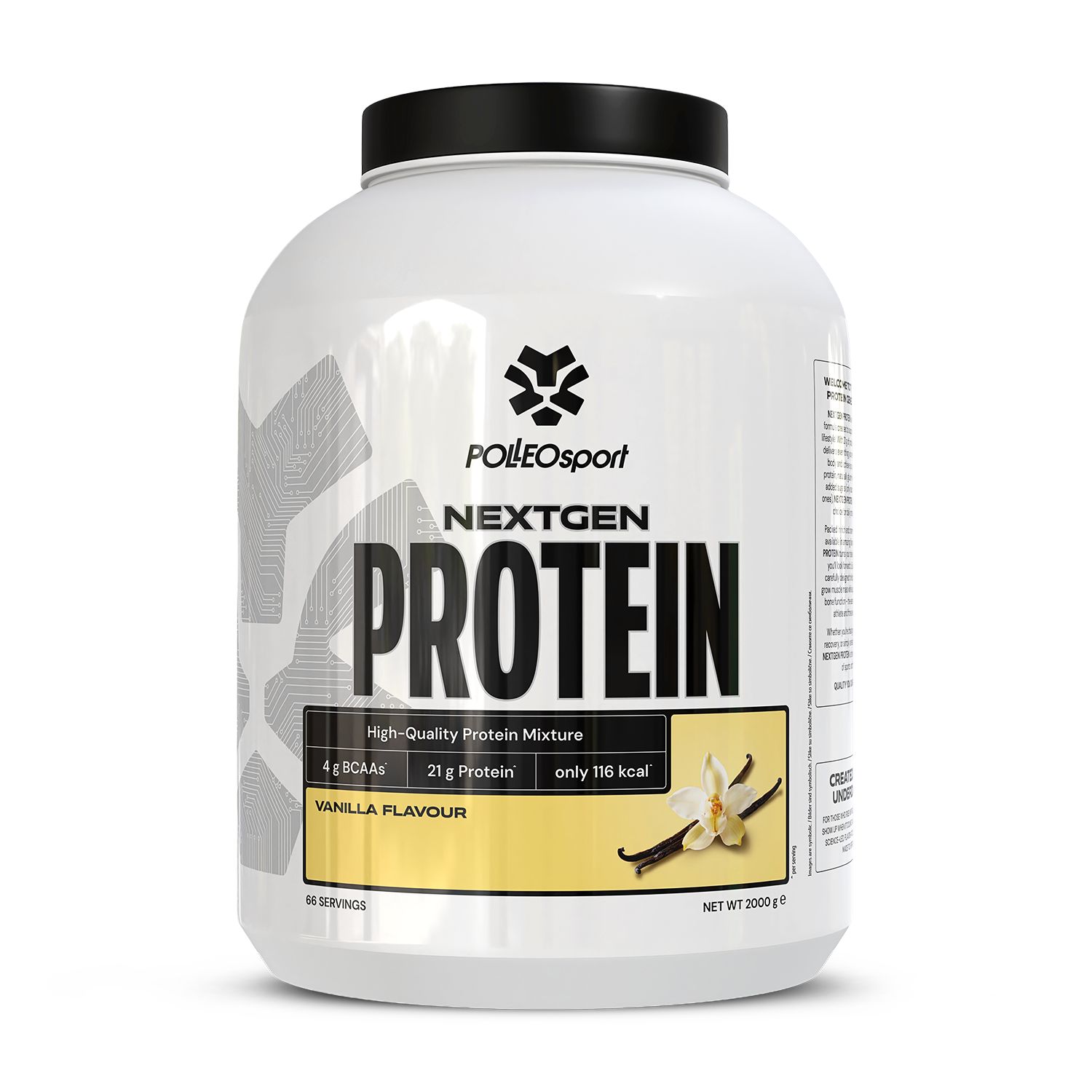 Witte container met zwart deksel. Opschrift: Polleo Sport NextGen Protein. Opdruk: Vanillesmaak, 21g eiwit, 116 kcal.