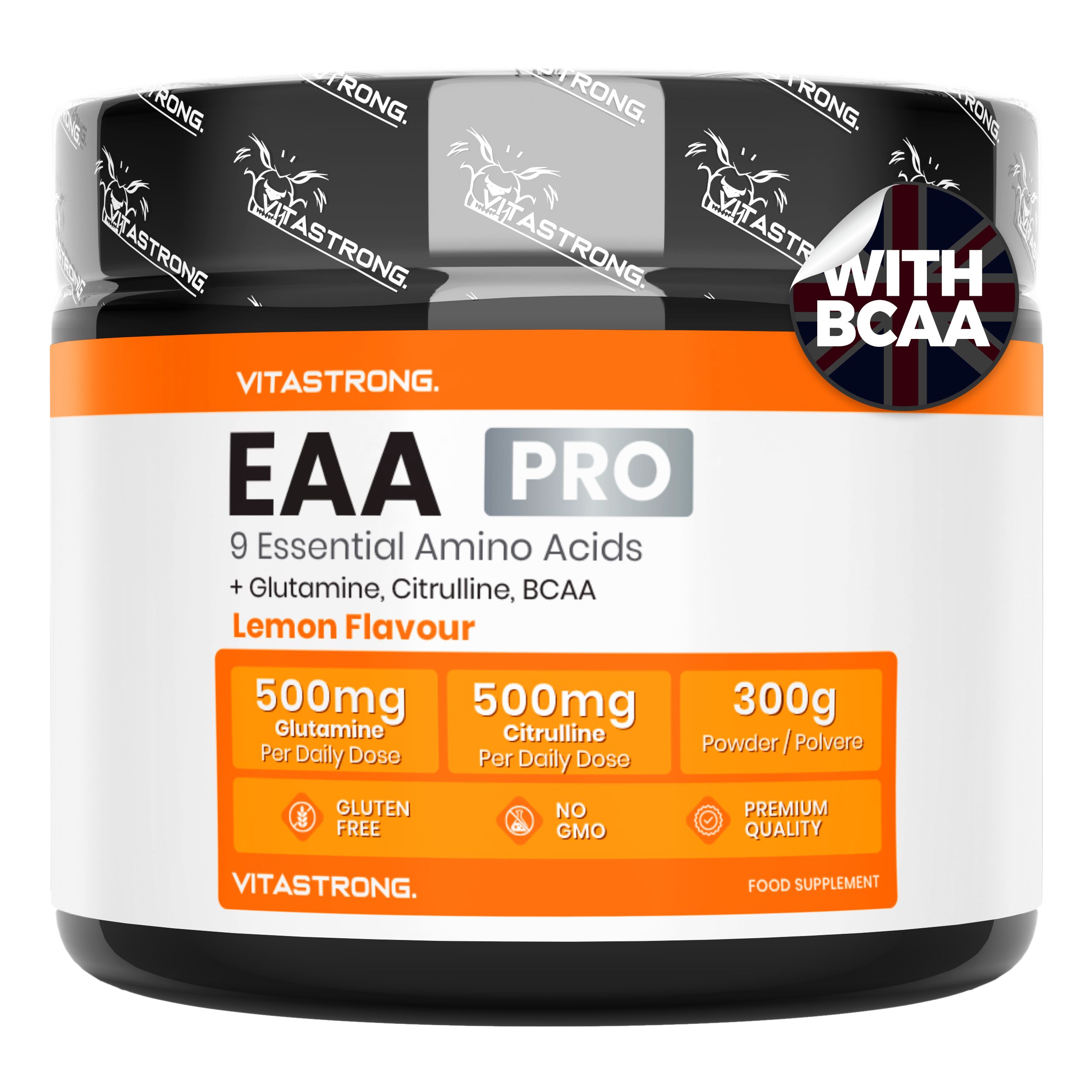 Pot Vitastrong EAA Pro, 300g. 9 acides aminés essentiels. Goût citron. Contient glutamine, citrulline, BCAA. Sans gluten.