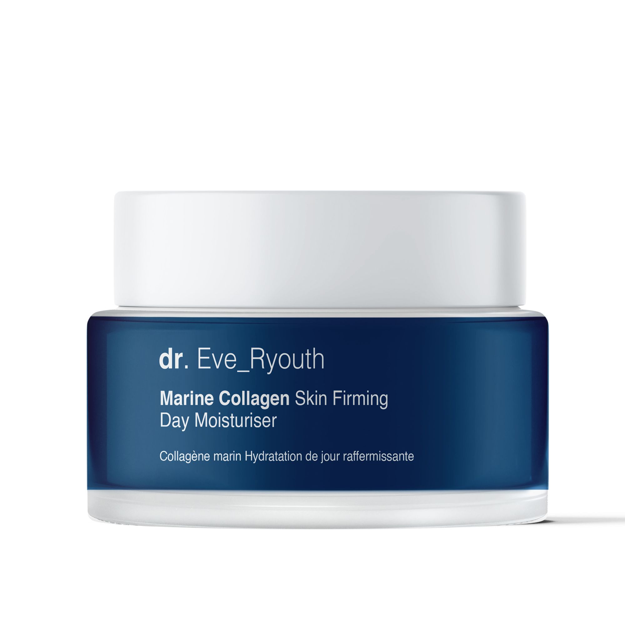 Pot de crème bleu et blanc. Inscription: Marine Collagen Skin Firming Day Moisturiser.