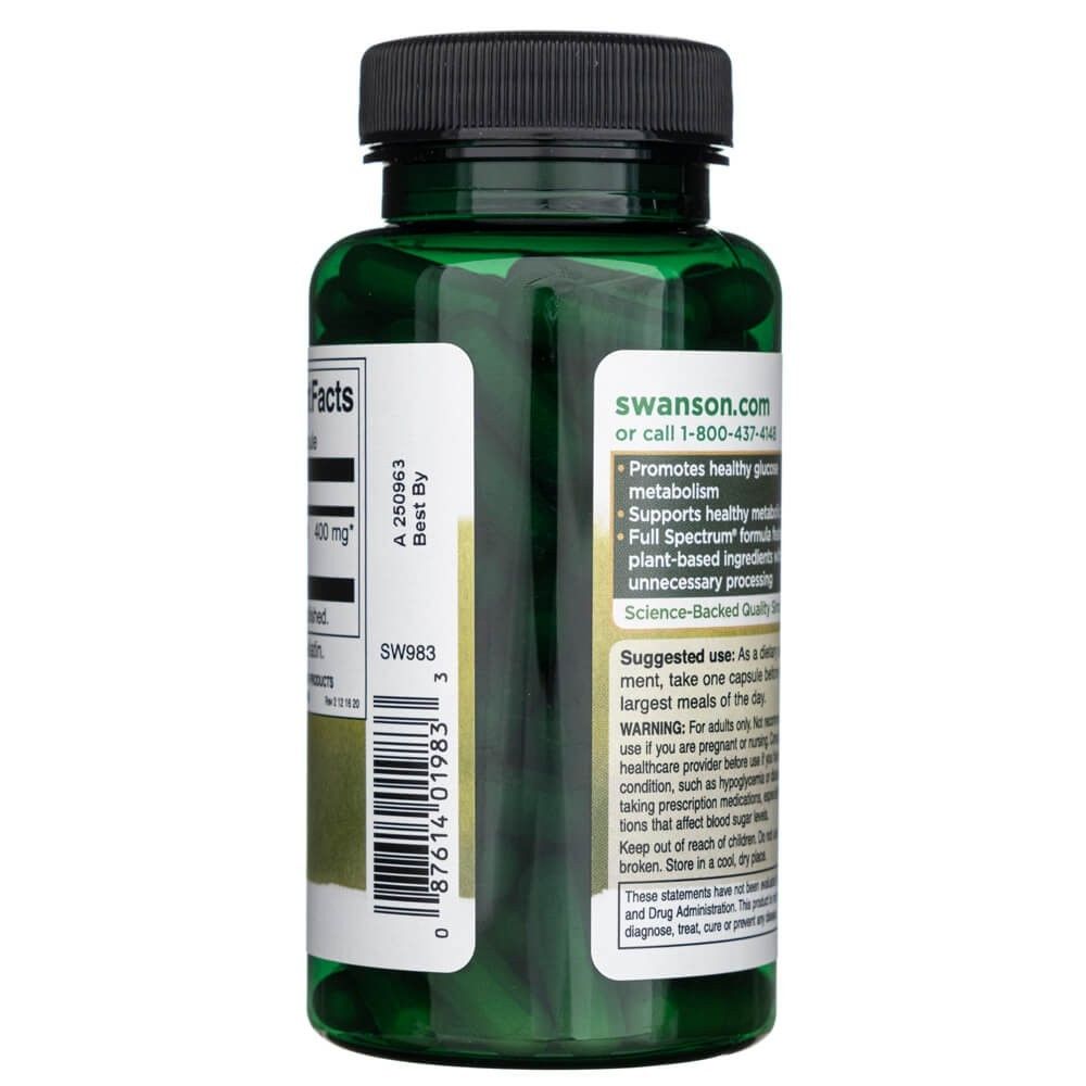 Côté d'une bouteille Swanson Gymnema Sylvestre, montrant l'étiquette avec dosage et instructions d'utilisation.