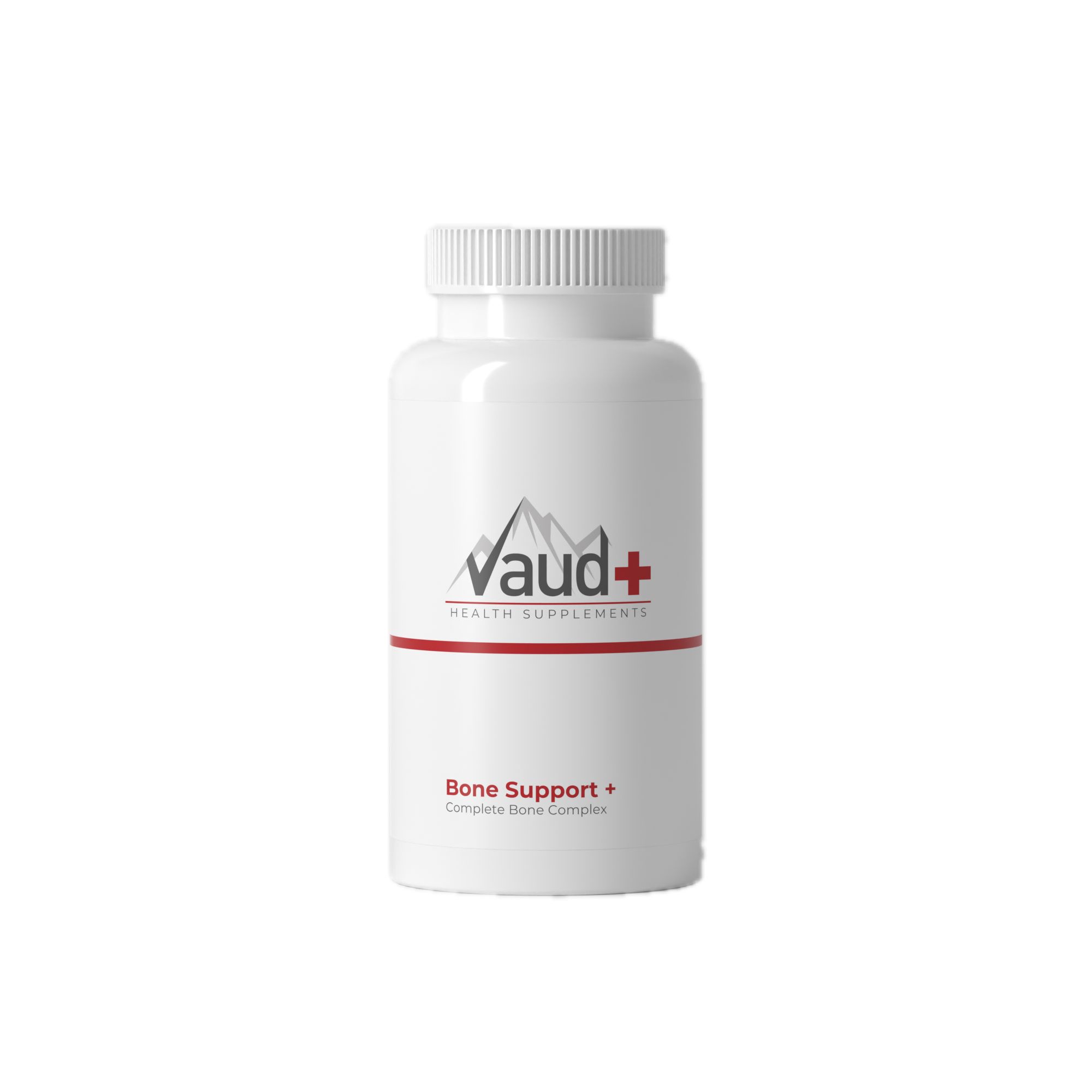 Witte fles met schroefdop. Opschrift: Vaud+, Bone Support+. Rode streep. Berglogo. Health Supplements.