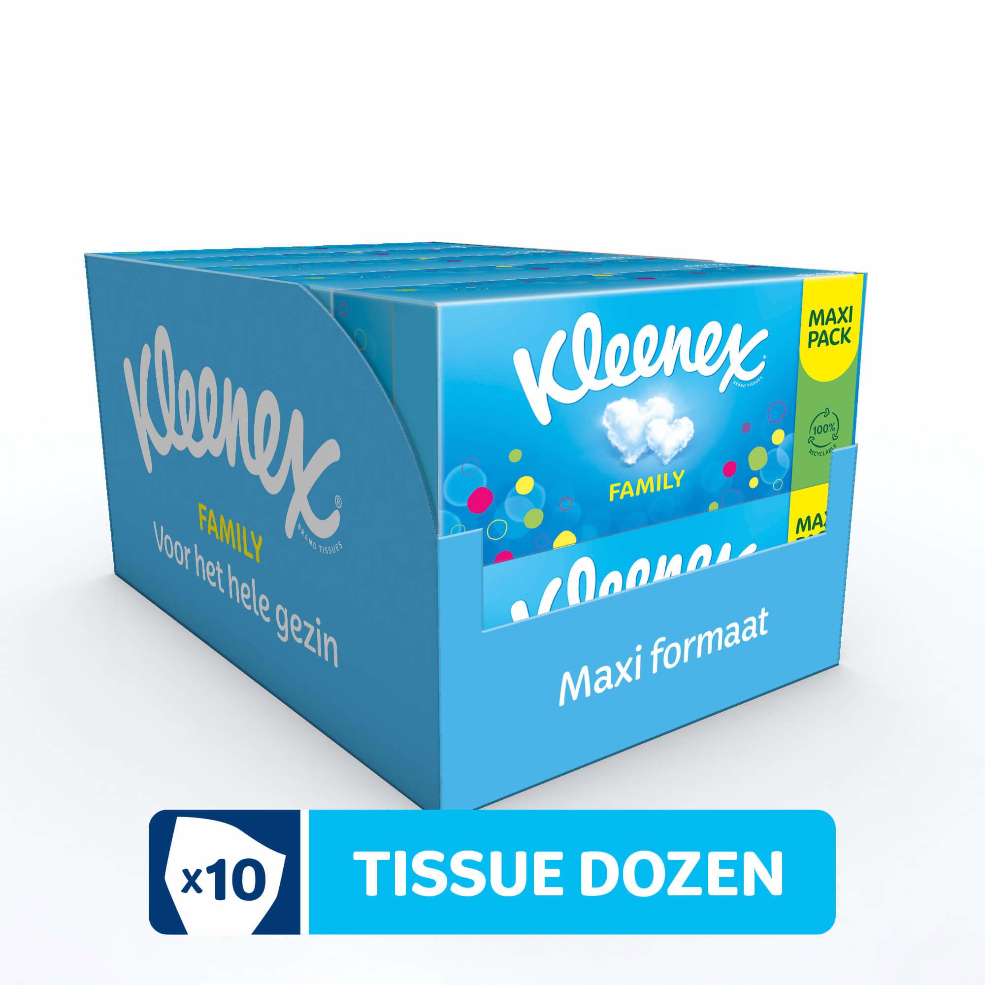 Kleenex Familiebox Maxi formaat. Blauwe doos met logo, hart-wolken en tekst 'Maxi formaat'. Multipack van 10 dozen.