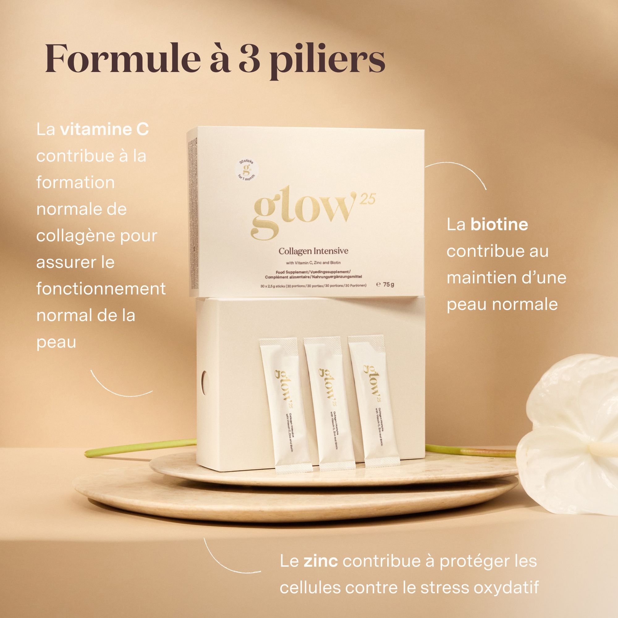 Emballage produit avec sticks. Texte : Formule à 3 piliers : Vitamine C, Zinc, Biotine.