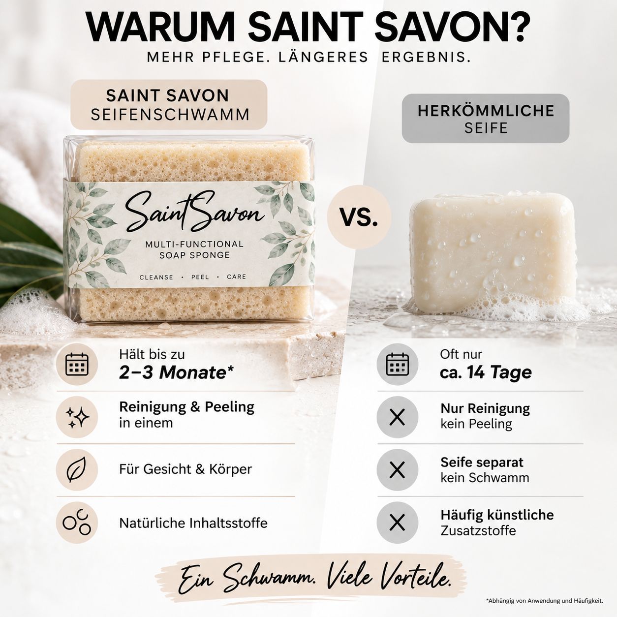 Comparaison de l'éponge savonneuse Saint Savon avec du savon traditionnel, mettant en avant les avantages.