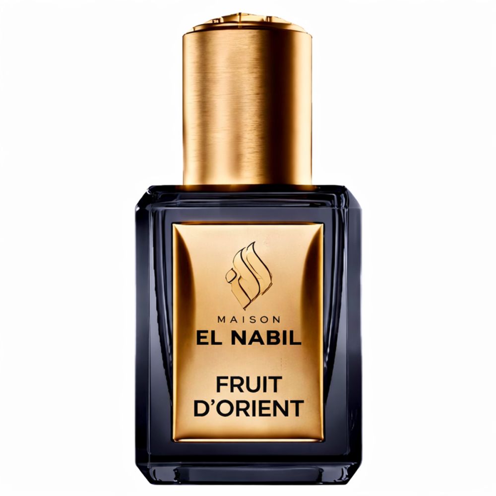 Flacon en verre foncé avec bouchon doré. Étiquette dorée avec texte "MAISON EL NABIL FRUIT D'ORIENT".