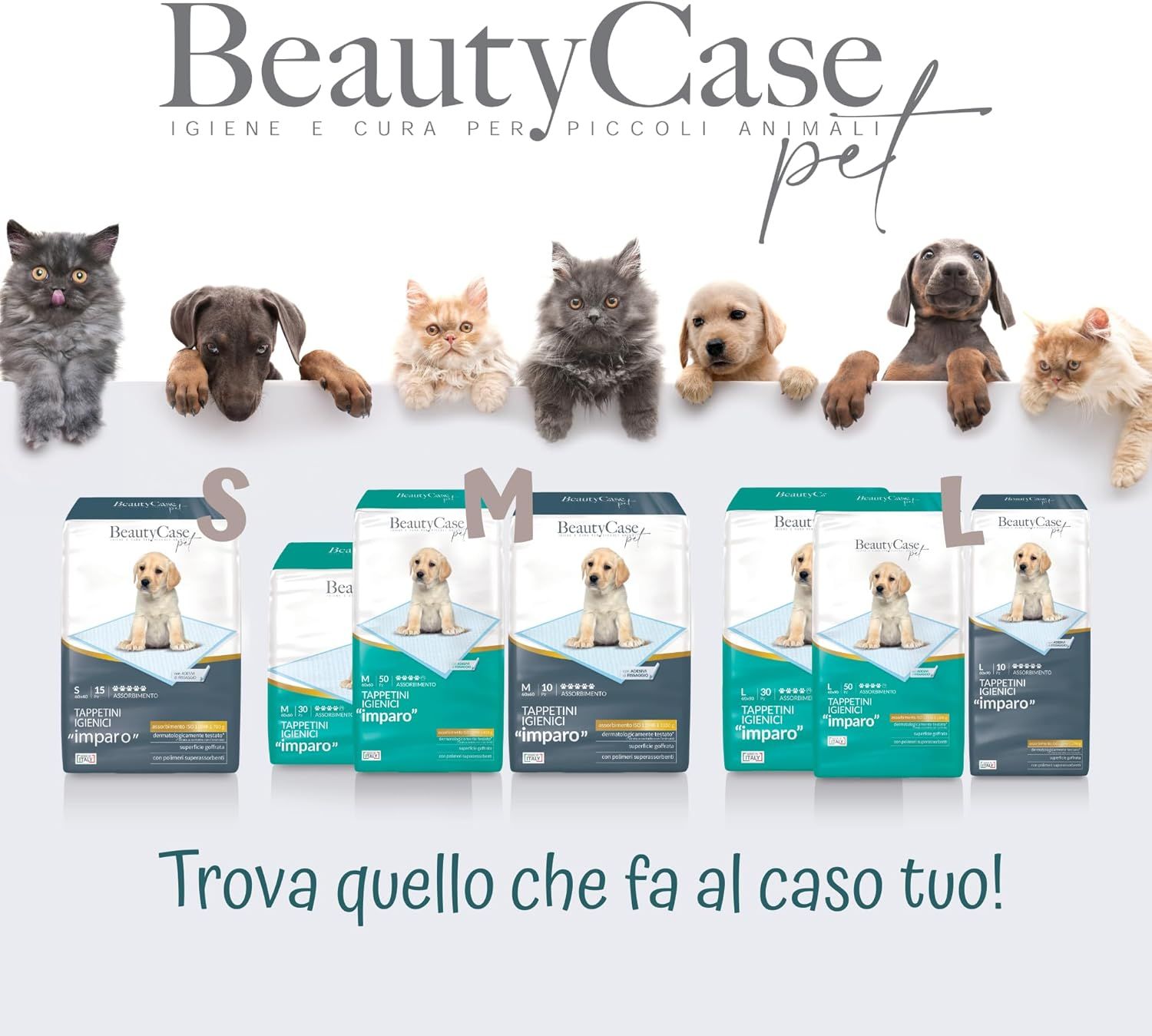 Gamme d'alèses hygiéniques pour chiens. Emballages de différentes tailles : S, M, L. Nom du produit : BeautyCase pet. Texte : Trouvez ce qui vous convient !