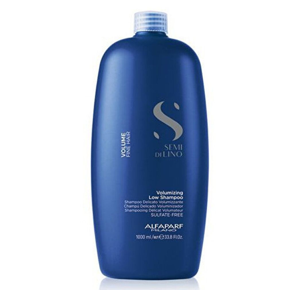 Donkerblauwe fles met witte opdruk: "SEMI DI LINO", "Volumizing Low Shampoo", "SULFATE FREE", "ALFAPARF MILANO", 1000 ml.