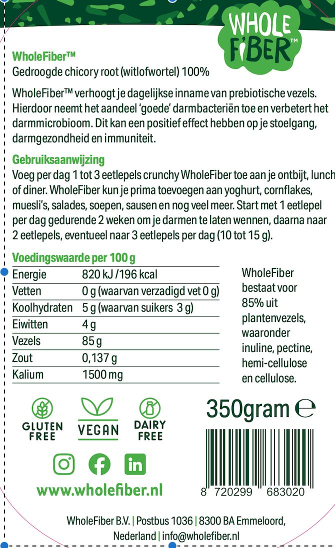 Dos de l'emballage avec informations nutritionnelles, ingrédients et coordonnées de WholeFiber. Sans gluten, végétalien et sans produits laitiers.