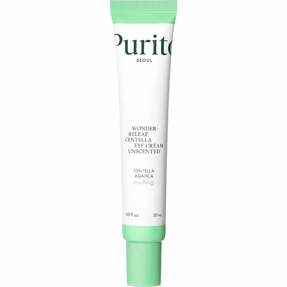 Tube blanc avec bouchon vert. Texte : PURITO SEOUL, Wonder Releaf Centella Eye Cream Unscented, Centella Asiatica soothing. 30 ml.