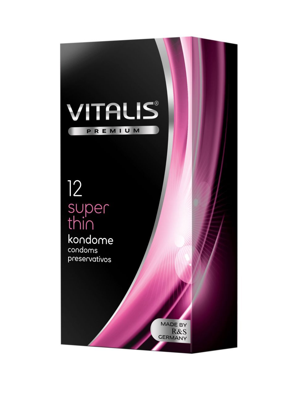 Zwarte verpakking met "VITALIS PREMIUM", "12 super thin kondome". Roze elementen. "MADE BY R&S GERMANY". 