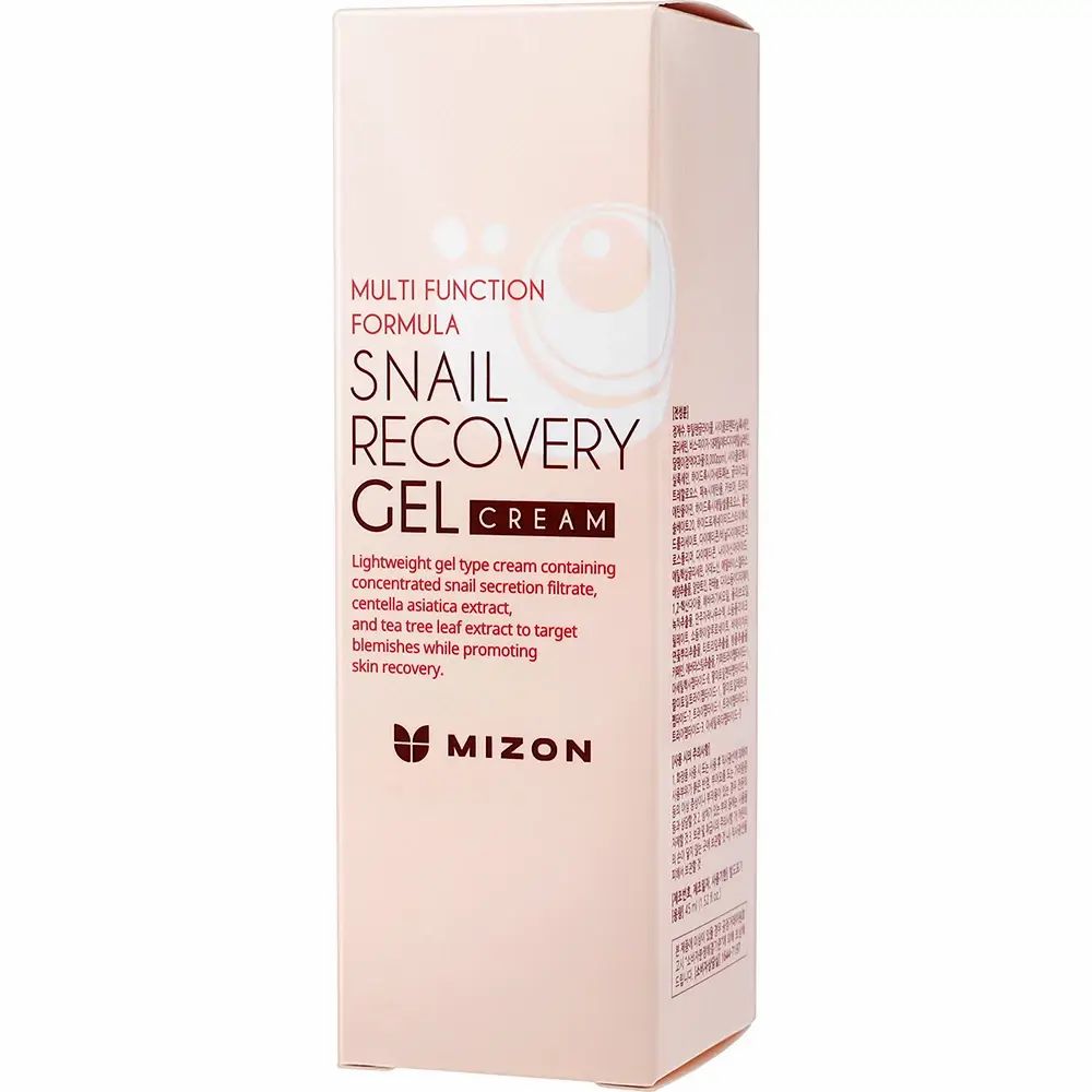 Emballage rose avec texte. Inscription: Snail Recovery Gel Cream, MIZON. Contient des informations sur le produit.