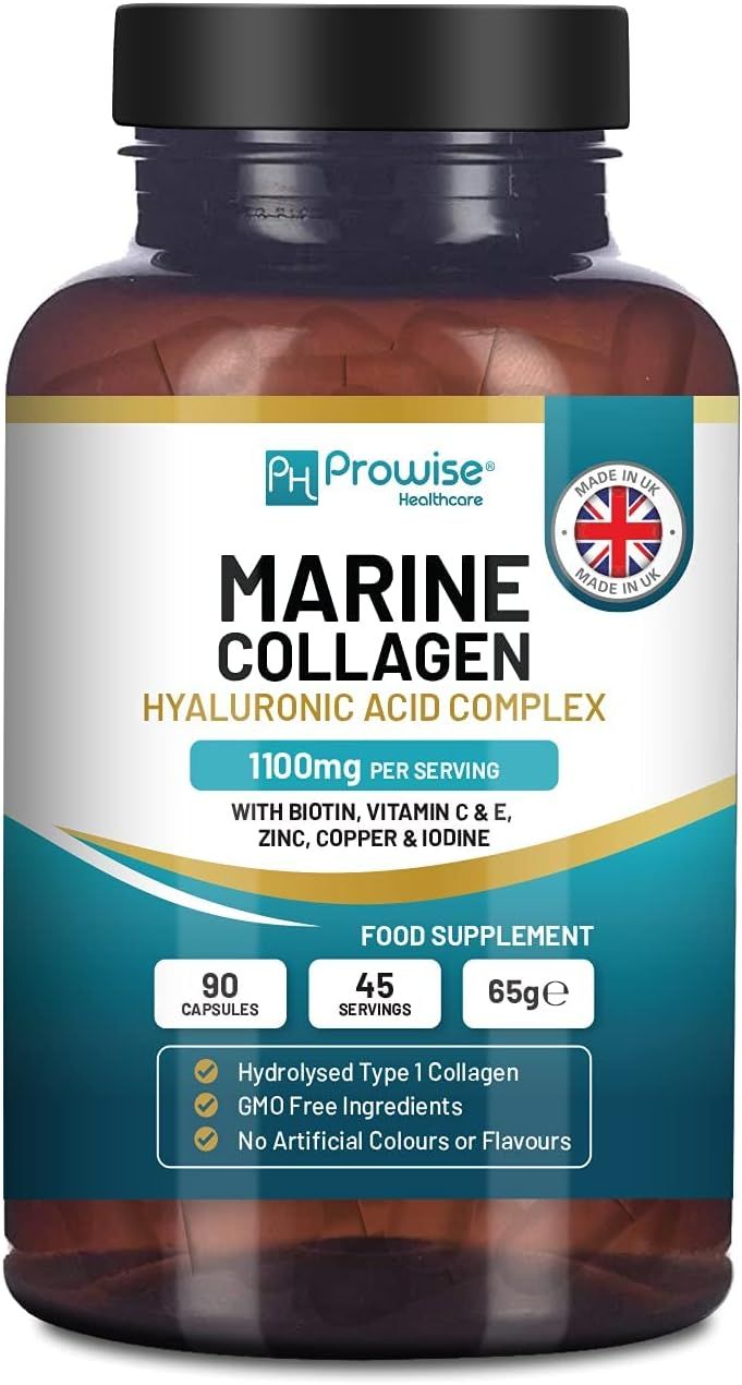 Flacon brun de gélules. Inscription: Marine Collagen, complexe d'acide hyaluronique. Contient biotine, vitamine C & E, zinc, cuivre et iode.