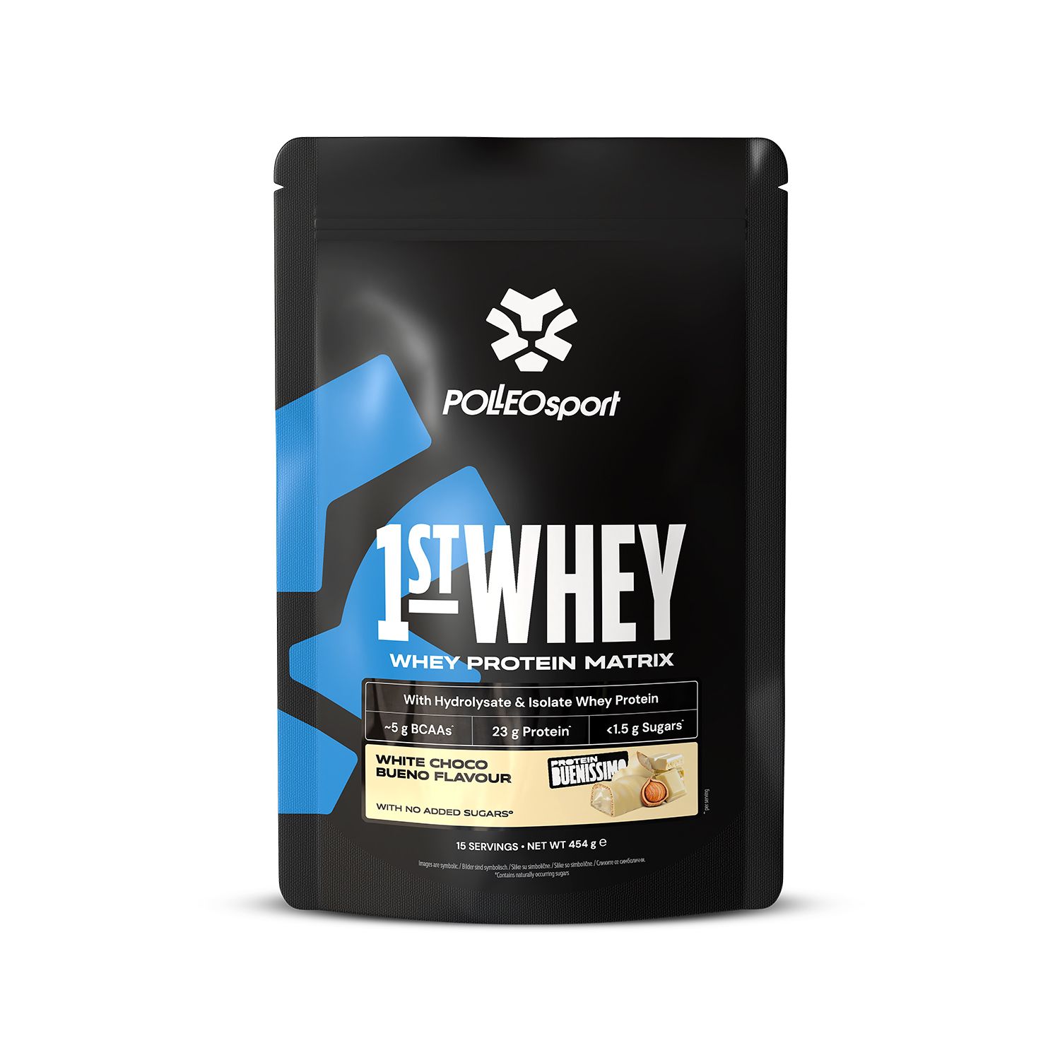 Zwarte zak PolleoSport 1st Whey, White Choco Bueno smaak. Bevat Whey Protein Matrix. Netto gewicht 454g.