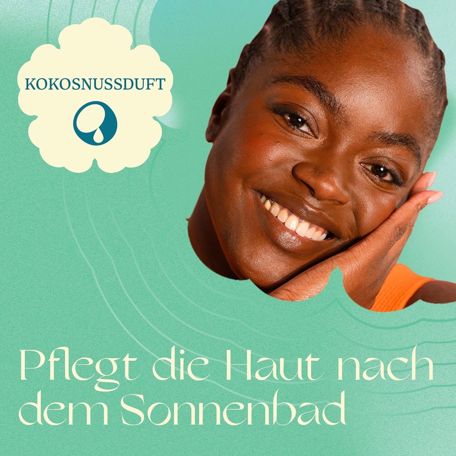 Femme souriante. Texte: Soigne la peau après le bain de soleil. Bulle: Parfum de noix de coco.