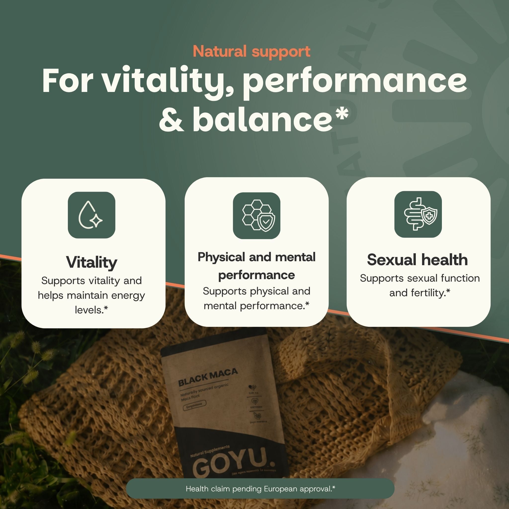 Sachet de poudre de maca noir GOYU, avec trois icônes pour la vitalité, la performance et la santé sexuelle.
