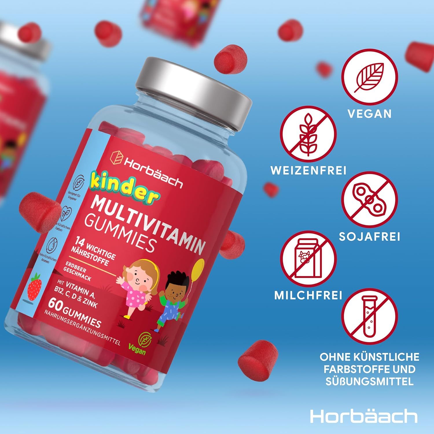 Flacon Horbaach Kinder Multivitamin Gummies. Vegan, sans gluten, soja, lait. Gommes rouges.