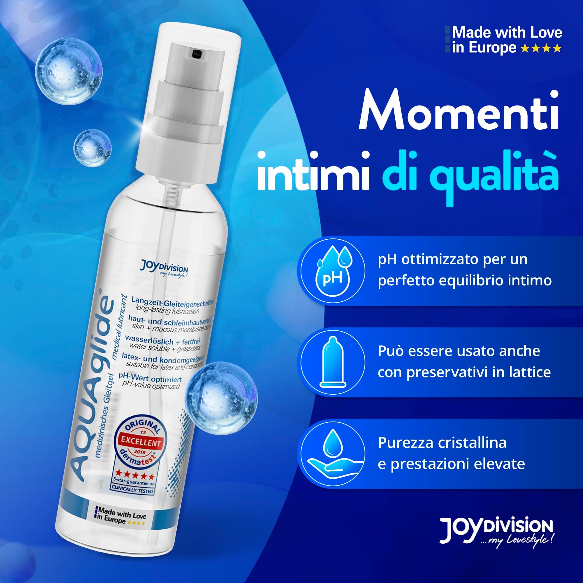 Gel lubrifiant AquaGlide avec pompe. pH optimisé, compatible avec les préservatifs.
