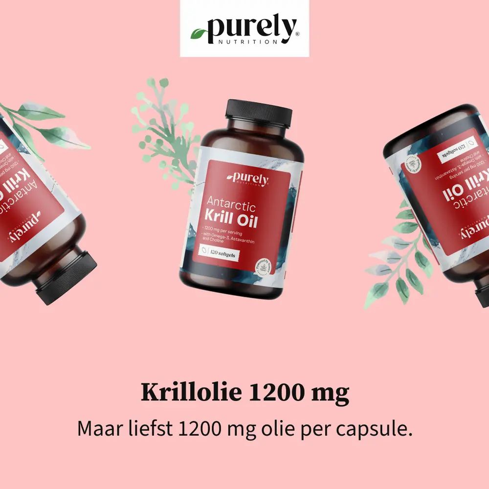 Flessen met rood etiket. Tekst: Krillolie 1200 mg. Logo: Purely Nutrition.