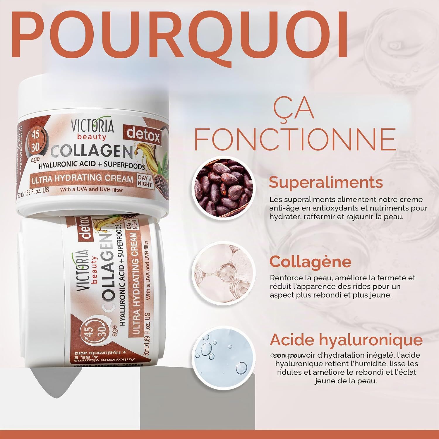 Pot de crème au collagène Victoria Beauty avec cacao, acide hyaluronique et superaliments.