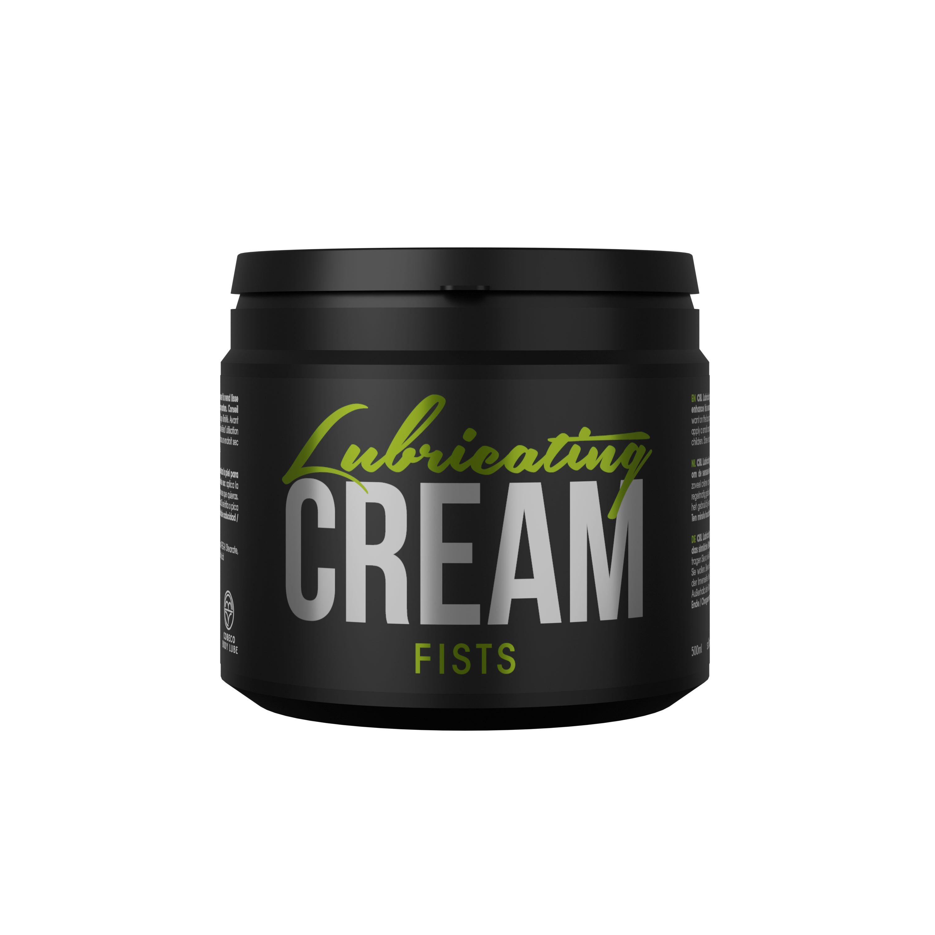 Récipient noir avec inscription "Lubricating CREAM FISTS" en vert et argent.