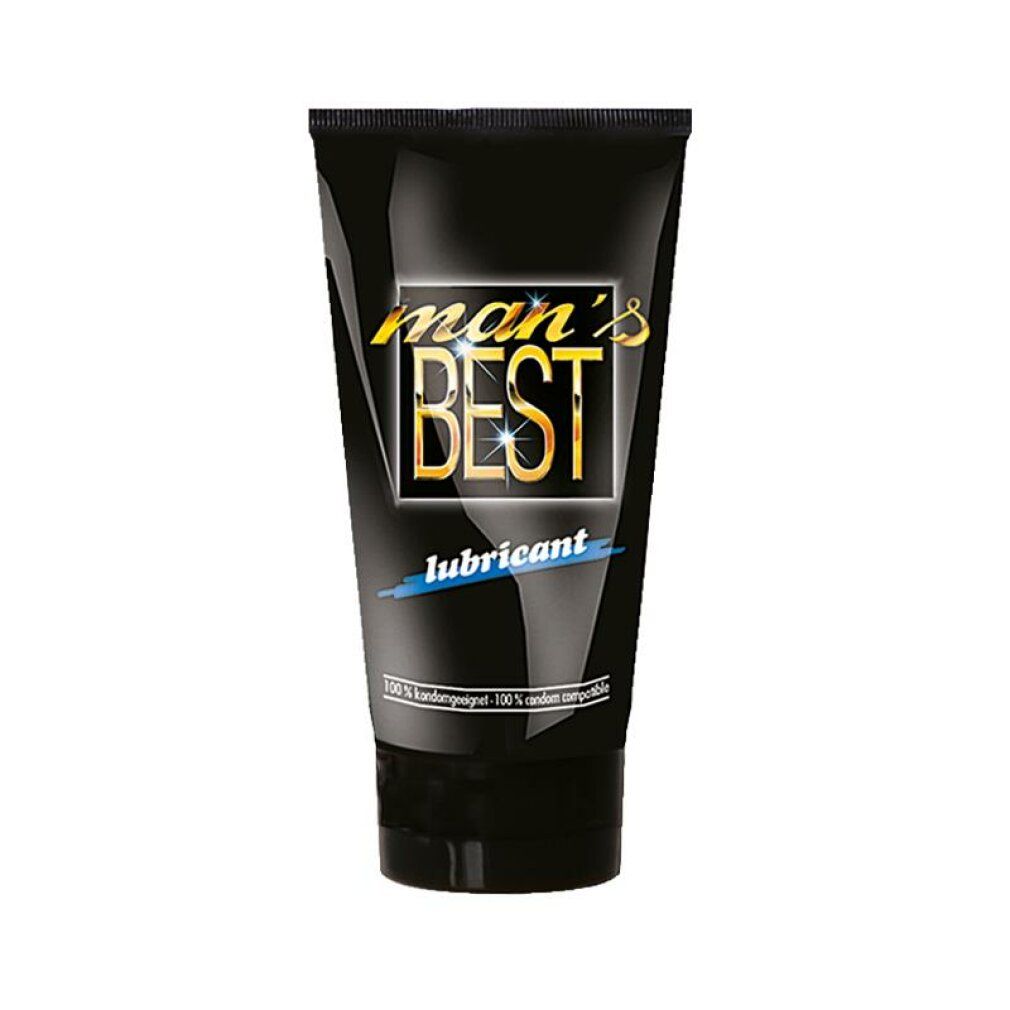 Zwarte tube met "man's BEST lubricant" opdruk. 100% condoom compatibel.