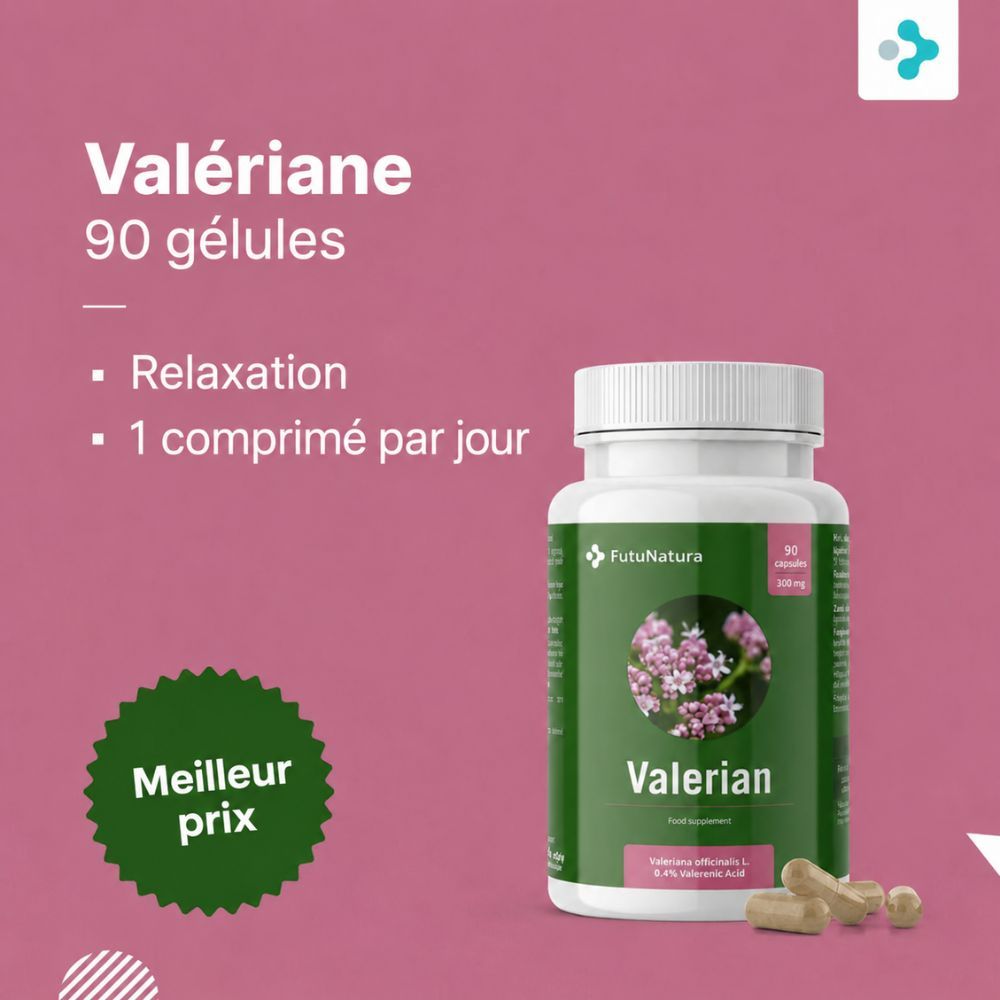 Flacon de gélules de Valériane (90 pcs) avec texte: Relaxation, 1 comprimé par jour, Meilleur prix.