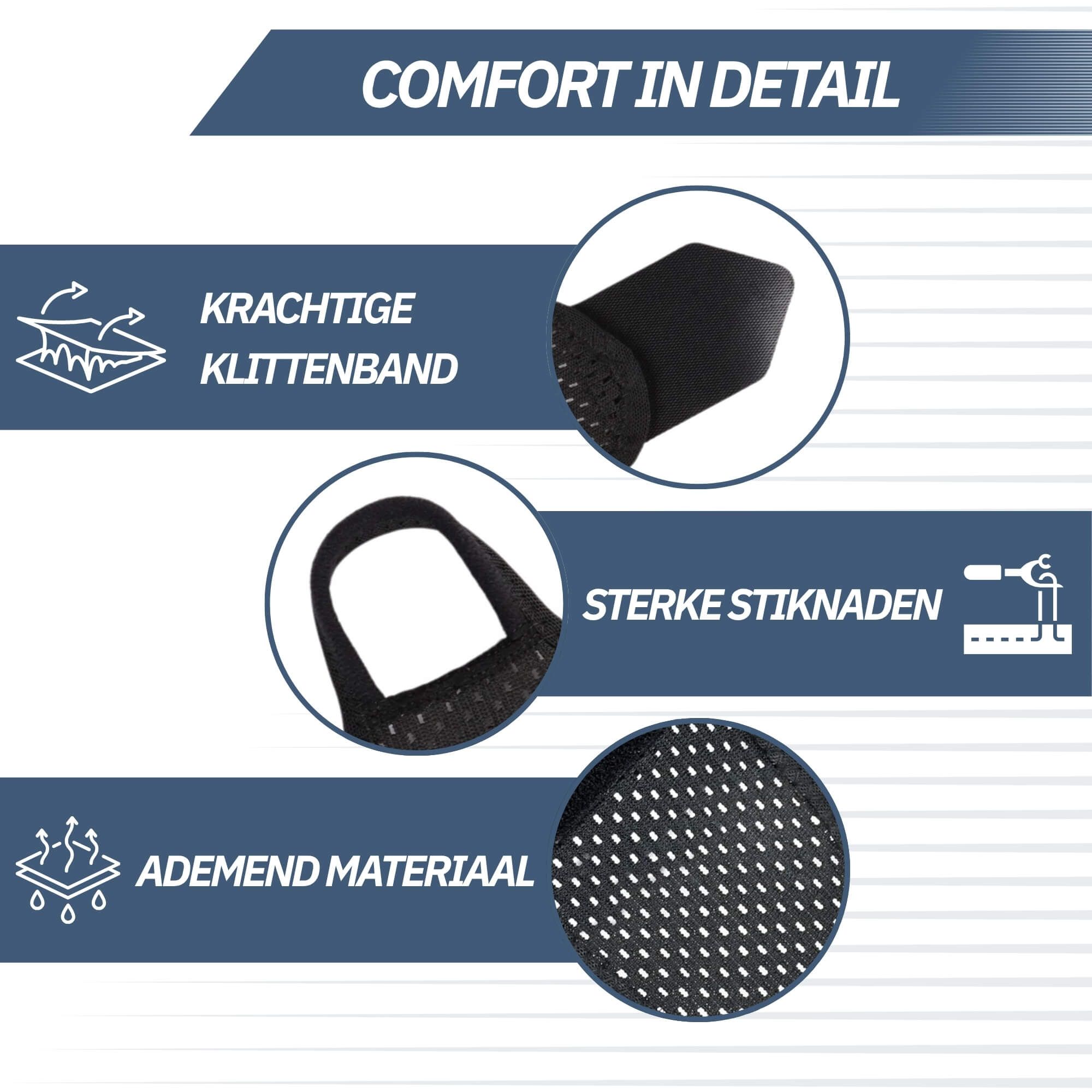 Détails d'une genouillère noire : bande velcro, coutures, matière respirante.