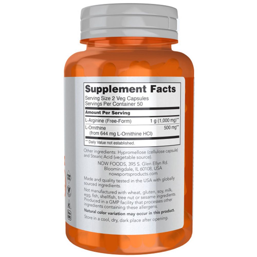Dos du flacon. Inscription : Supplement Facts, L-Arginine, L-Ornithine, ingrédients, fabriqué aux États-Unis. NOW FOODS.