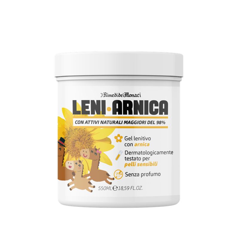 Witte pot Leniarnica Arnica. Arnica gel voor gevoelige huid. 550ml. Zonder parfum. Illustratie van zonnebloem en dieren.