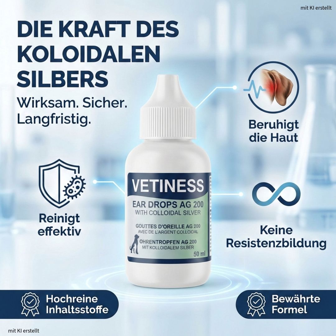 Flacon blanc avec étiquette bleue et verte. Texte: Vetiness Ear Drops AG 200 with colloidal silver. Texte: La puissance de l'argent colloïdal.