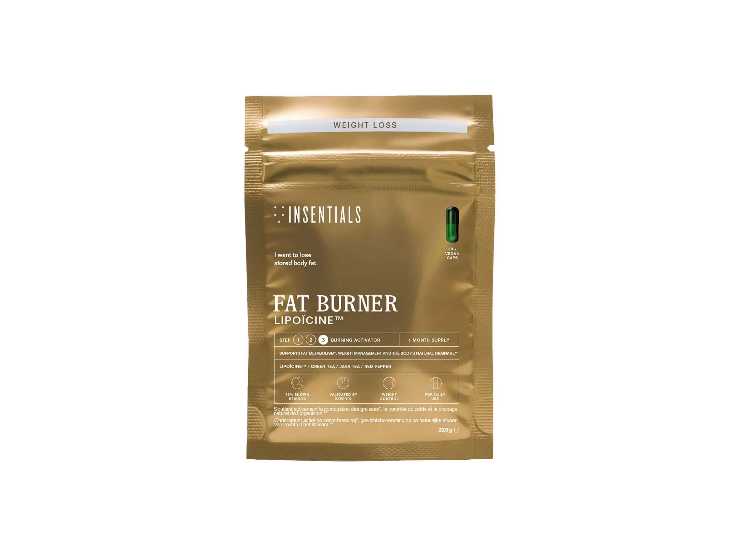 Emballage doré avec logo Insentials, inscription 'Fat Burner Lipoicin' et symbole de capsule.
