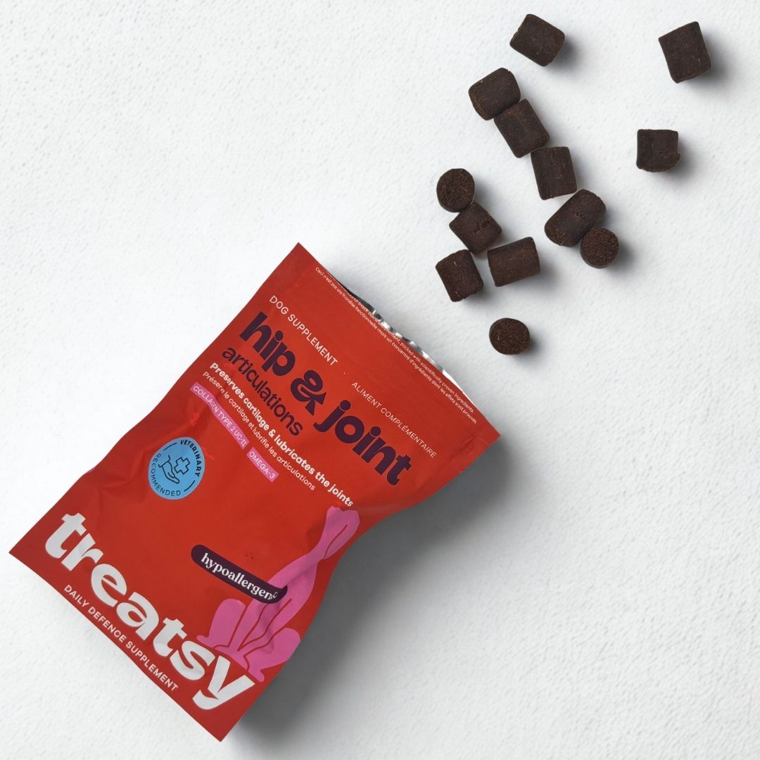Rode zak voor honden. Tekst: Hip & Joint, Articulations. Bruine, ronde brokken ernaast.