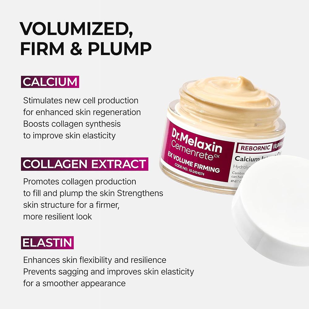 Dr. Melaxin Cemenrete EX Volume Firming Calcium Intense Cream, un pot en verre avec son couvercle ouvert.